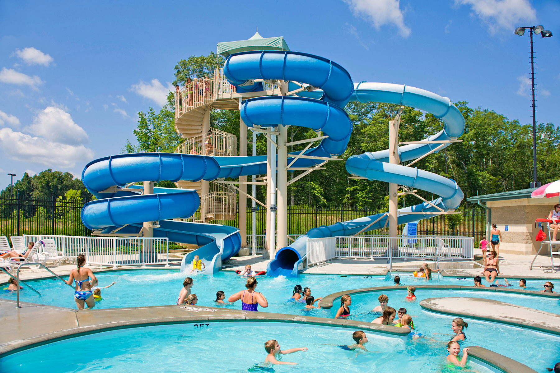 The Frances Meadows Aquatic Center boasts two three-story tall body slides.