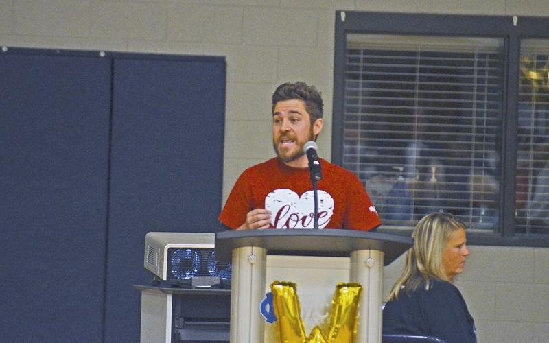 System Teacher of the Year Brandon Nonnemaker of Mount Yonah Elementary School spoke at the pep rally.