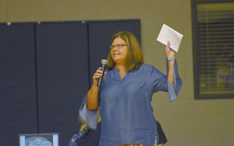 School Superintendent Dr. Laurie Burkett welcomed all the teachers back at the pep rally on Monday.