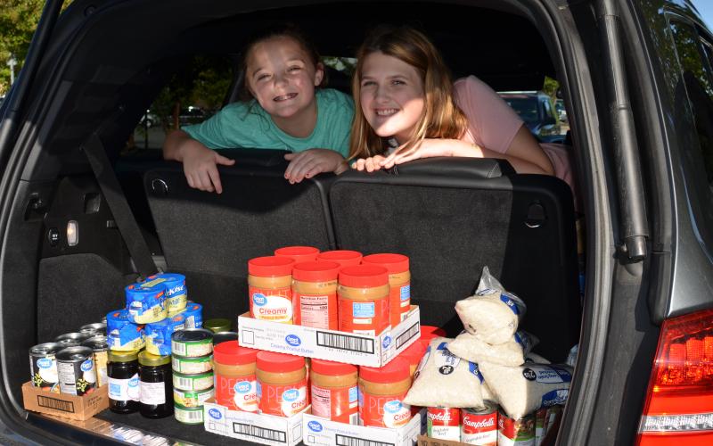 Mary Nix and Grace Smidt launched a drive to support community food pantries. They’re shown after a recent shopping trip to pick up items to donate. (Submitted photos)