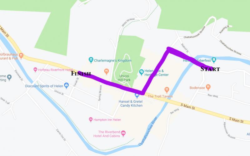 The Oktoberfest parade starts at noon on Edelweiss Strasse near the Helen Festhalle, before turning left onto Chattahoochee Strasse, then a right onto Main Street and into the heart of downtown Helen. The parade will end around Betty’s Country Store. (Map base courtesy Google Maps)