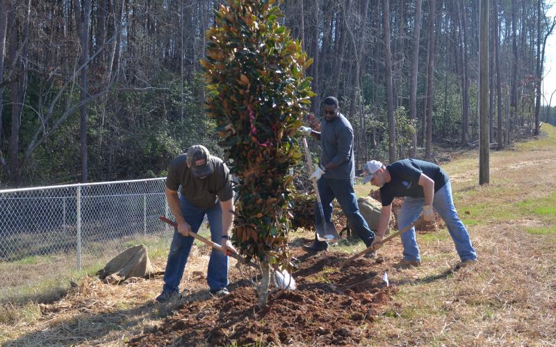 Freudenberg-NOK’s Chuck Klekot, Desmond Salmon and Cleveland Plant Manager Wyman Hare team up to plant a tree at the Yonah Preserve Ballfield Complex. (Photo/Wayne Hardy)