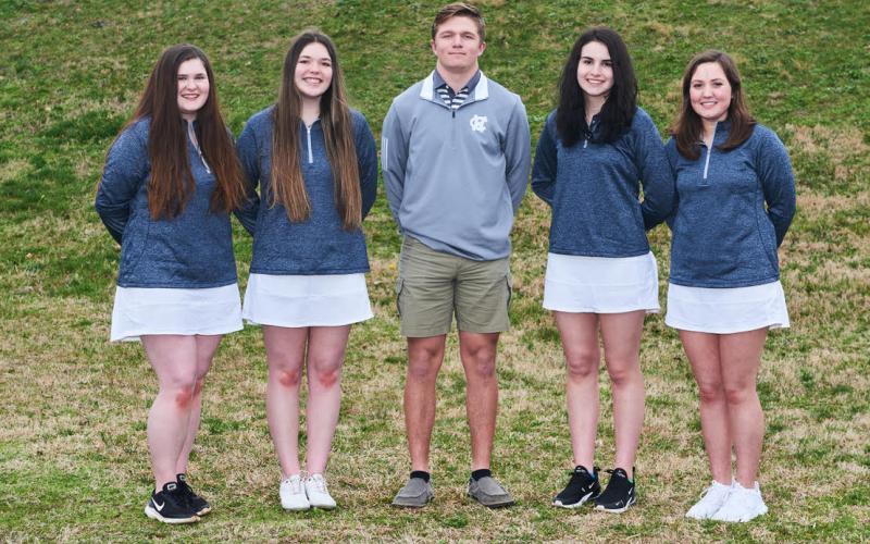 Senior members of the golf team are, from left, Kenzie Benson, Ansley Talafous, Toby Turner, Sarah Berry, and Rachel Brock. Not shown is Grace Jones. (Photo/Staci Sulhoff)