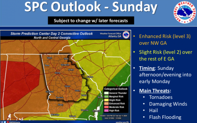 There is a chance for severe weather Sunday into Monday morning. (Image courtesy of National Weather Service)