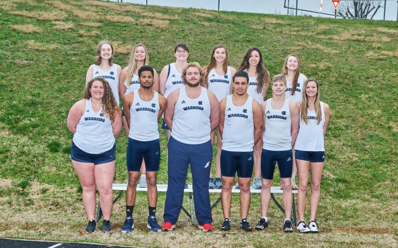 The senior members of the White County High School track team are, front from left, Evelyn Vanderbunt, Will Sampson, Jacob Anderson, Cory Ezzard, Nix Burkett, and Rachel Lovell; back row, Amelia Beckett, Alyssa Bertie, Azalee Stancel, Ellie Gearing, Kylie Johnson, and Maggie Davidson. (Photo/Staci Sulhoff)