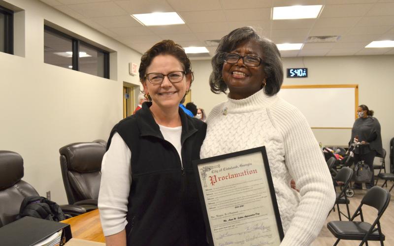Annie Sutton took a moment with Cleveland Municipal Clerk Connie Tracas after she was honored by the City of Cleveland. 