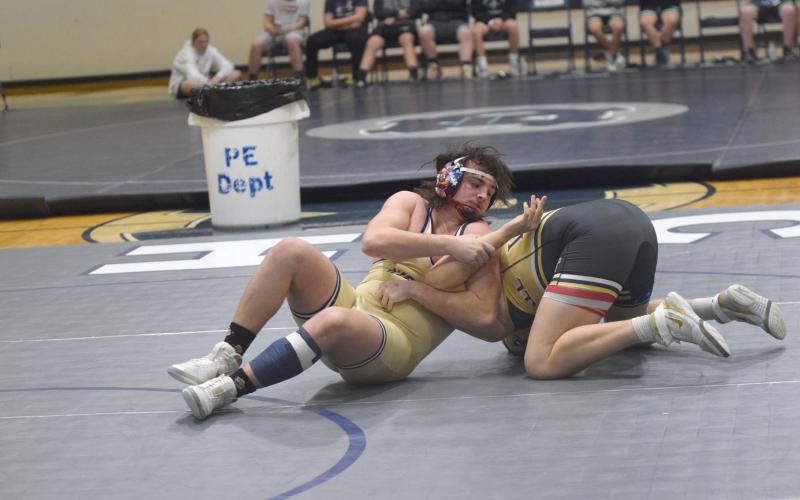 WCHS senior Devin Sullens picked up his 150th career win last week and is 28-0 this season. Sullens is expected to be in the running for the Class AAA 220-pound title next week when the state meet is held in Macon. (Photo/Mark Turner)