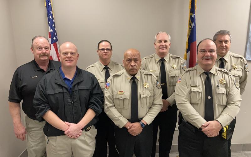 The White County Sheriff’s Office command staff, shown from left, includes Capt. Danny Woods, Capt. Clay Hammond, Capt. Diana Blihovde, Chief Deputy Gus Sesam, Sheriff Rick Kelley, Lt. Tim Chapman and Capt. Jim Couch. (Photo/Wayne Hardy)