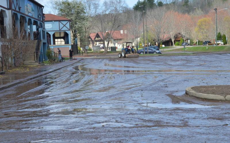 The parking lot in front of La Cabana in Helen was coated in mud following the March 25 storm, and workers had to use a tractor to clear it the following day. (Photo/Stephanie Hill)