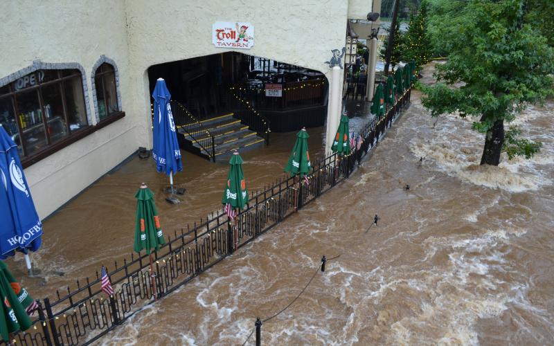 Water from the Chattahoochee River flooded over the banks and up to the bottom patio of the Troll Tavern. (Photo/Stephanie Hill)