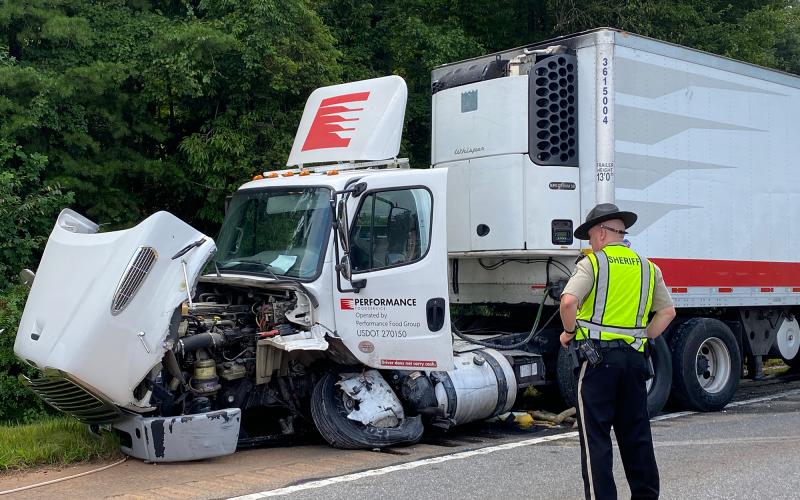 A 2017 Freightliner tractor-trailer was hit by a 2009 Honda Civic. (Photo/Stephanie Hill)