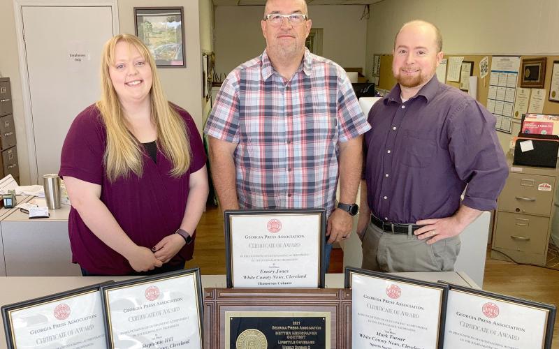 Shown from left are White County News reporter Stephanie Hill, Sports Editor Mark Turner and Editor & Publisher Wayne Hardy.