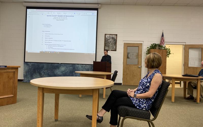 Michael Powell spoke to White County Board of Education members at their meeting on Sept. 28. (Photo/Stephanie Hill)