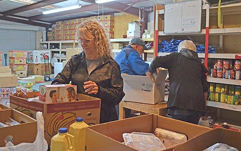 Volunteers sort food at the White County Food Pantry Tuesday morning. (Photo/Samantha Sinclair)