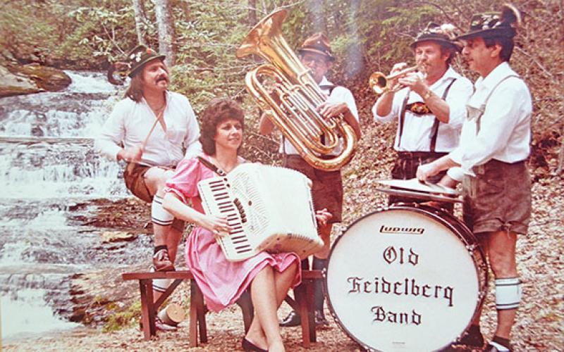 Harold Link, who passed away Jan. 13, was an active participant in Helen’s Alpine history. He was part of a band that played at the Old Heidelberg Restaurant and in many events around the city. From left are Hans Raab, Helen Fincher, Joe Hays, Harold Link and Tony Estraella. (Photo/submitted)