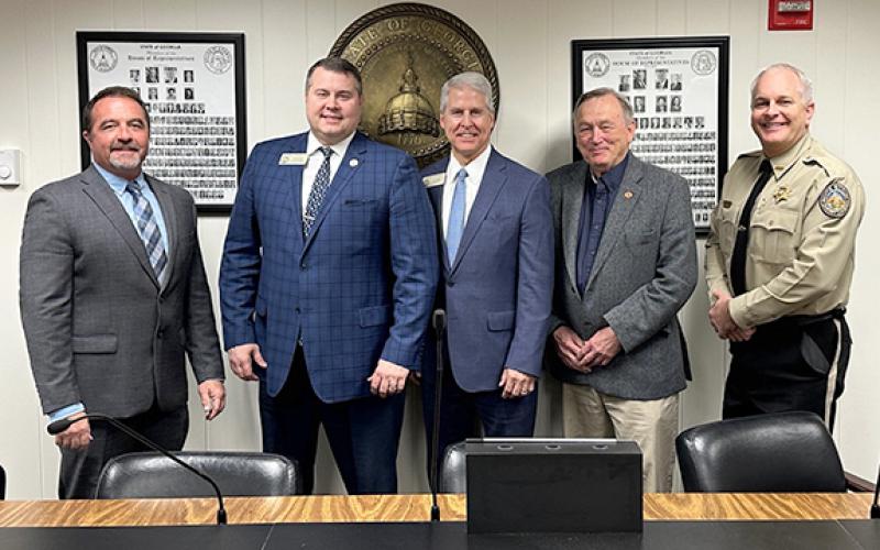 White County Commission Chairman Travis Turner, Rep. Will Wade, Rep. Stan Gunter, Commissioner Terry Goodger and Sheriff Rick Kelley meet at the State Capitol on Monday. (Photo/submitted)