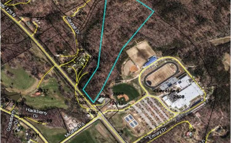 This image, presented at the Aug. 29 school board meeting, shows the property to be purchased bordered in blue near White County High School.