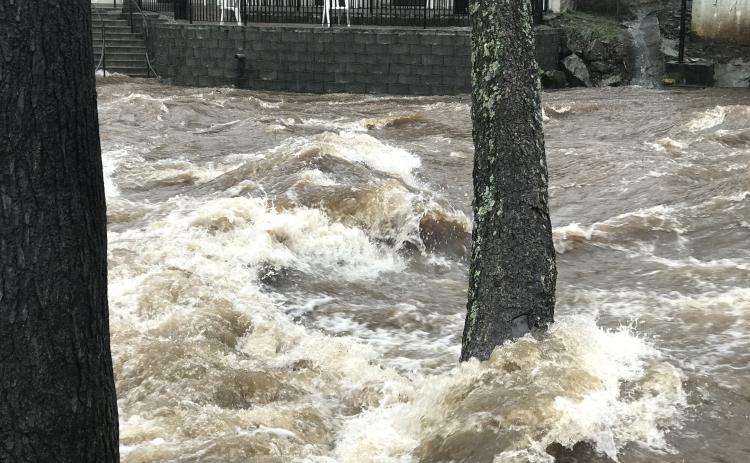 The Chattahoochee River in Helen was raging earlier today. A flood warning has been issued until 7:45 p.m. (Photo/Stephanie Hill)