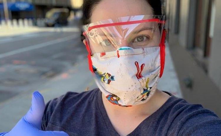 Franklin County native and nurse Joanna Davis Malcom is pictured during her recent mission to New York City to help the city’s overwhelmed hospital system during the coronvirus pandemic. Malcom is wearing a shirt made for her by Franklin County’s Paula Tyner.