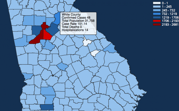 There have been 48 total confirmed COVID-19 cases in White County since the start of the pandemic, according to the evening update on Monday, April 27 on the Georgia Department of Public Health's website. This image was taken from the Department of Public Health website.