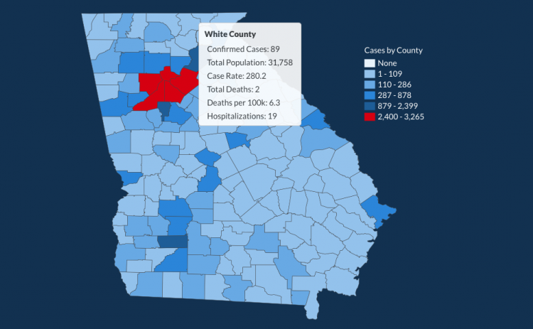 There have been 89 total confirmed COVID-19 cases in White County since the start of the pandemic, according to the 1 p.m. update on Monday, May 18, on the Georgia Department of Public Health's website. (Image from Department of Public Health website)