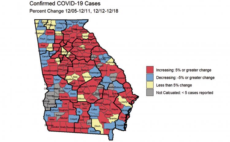 This Georgia Department of Public Health map shows counties in red that have seen a greater than 5% increase in confirmed COVID-19 cases from the week of Dec. 5-11 to Dec. 12-18. White County is among them amid rising case counts in recent weeks.
