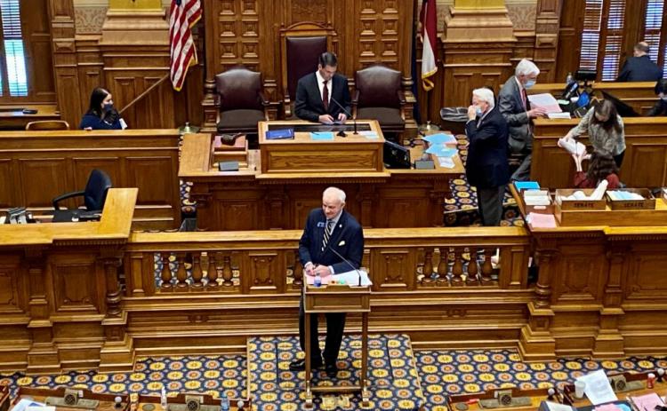 Sen. Max Burns presents his omnibus Georgia election bill shortly before final passage in the state Senate on March 25, 2021. (Photo/Beau Evans)