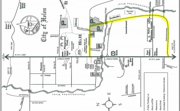 This map from the city shows where the paving will take place next week. (Photo courtesy of City of Helen)