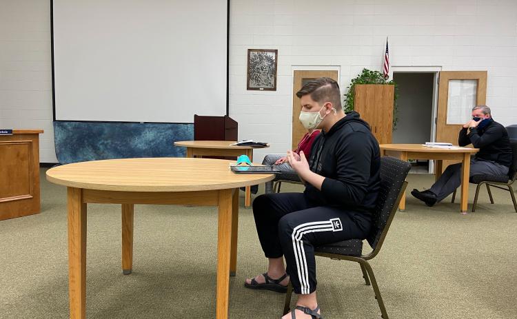 WCHS junior Samuel Shobert spoke to the White County Board of Education at their meeting in January to express his idea for a COVID-19 memorial. (Photo/Stephanie Hill)