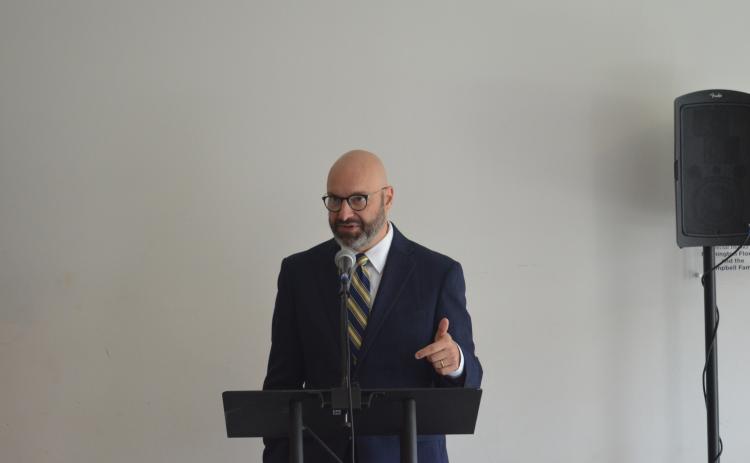 TMU President Dr. Emir Caner speaks at a July 23 anniversary event. (Photo/Wayne Hardy