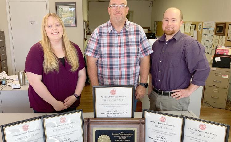 Shown from left are White County News reporter Stephanie Hill, Sports Editor Mark Turner and Editor & Publisher Wayne Hardy.