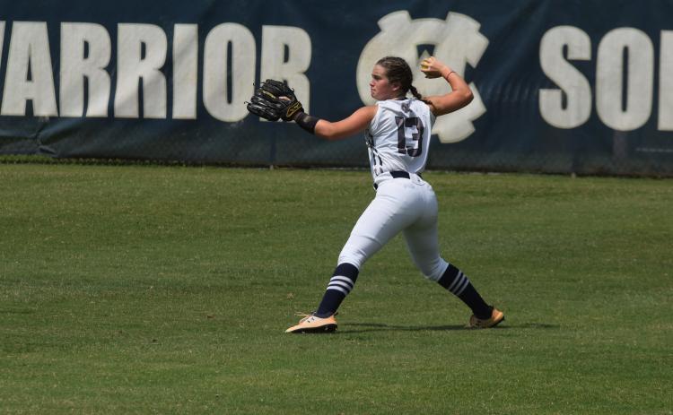 Gabby Whiddon makes a throw from centerfield during the Lady Warriors' win over Rabun County last Saturday afternoon in Cleveland. (Photo/Mark Turner)
