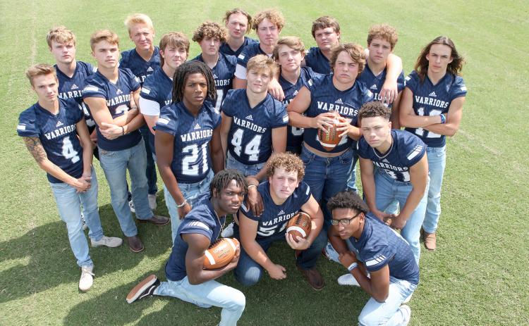 Warrior seniors are, front from left, Silas Mulligan, Alex Garcia, and Zion McMullen; second row, Tavis Simmoms, Ashton Pickett, Alex Thornton, and Malachi Zellars; back row, Riley Turner, Jackson Autry, Bryson Cronic, Jay Grice, Hunter Williams, Billy Carder, Howie Douglas, Teddy Strange, Nick Helms, Cameron Godfrey, Chase Collier, and Caden Pinson. (Photo/Staci Sulhoff)