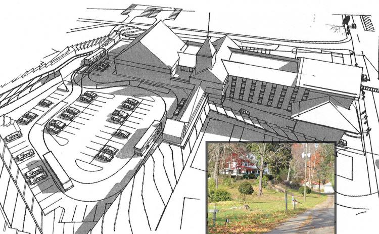 This architect’s study sketch shows a hotel concept for HOME 2 Suites by Hilton in Helen, with Main Street shown on the right. (Image courtesy Richard Rauh & Associates/Architecture, Atlanta – Ann Fitzgerald, project manager) The inset photo is a view of the property from North Main Street, between Hofer’s of Helen and The Heidi Motel.