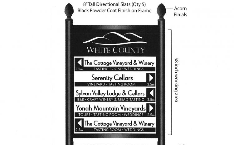 This image shows an example of planned directional signage that would highlight destinations in White County, such as vineyards in the above example. 
