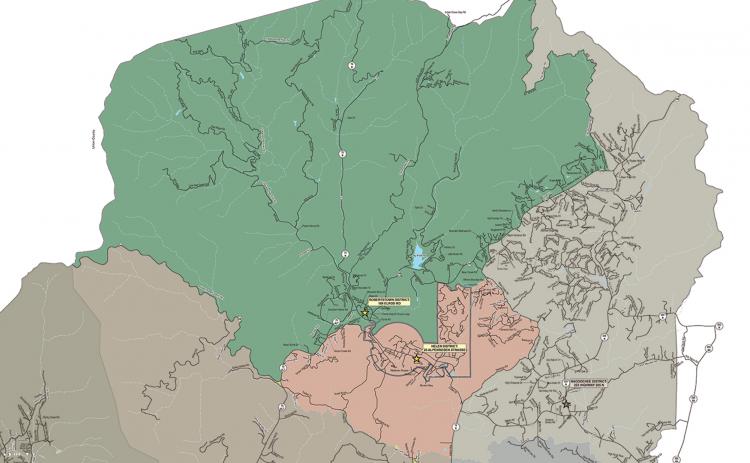 This voting precinct map from the White County government website shows the Robertstown precinct (top, green) and Helen precinct (middle,pink).