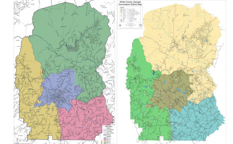 The proposed county district map is shown at left, while the current county district map is shown at right. A digital version of the proposed map is available at www.whitecountyga.gov.
