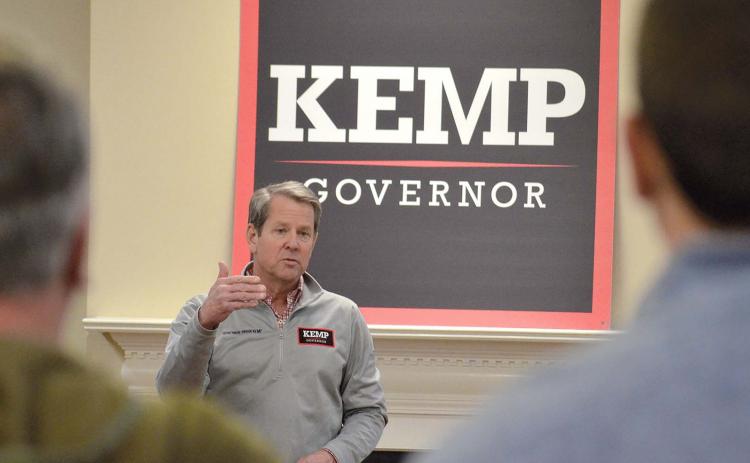 Gov. Brian Kemp speaks Feb. 18 at a meet-and-greet campaign stop in Cleveland. (Photos/Wayne Hardy)