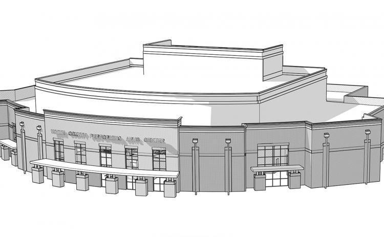 This illustration by Breaux & Associates Architects shows a preliminary exterior design for a planned performing arts center to be constructed on the White County High School campus. (Courtesy White County School System)