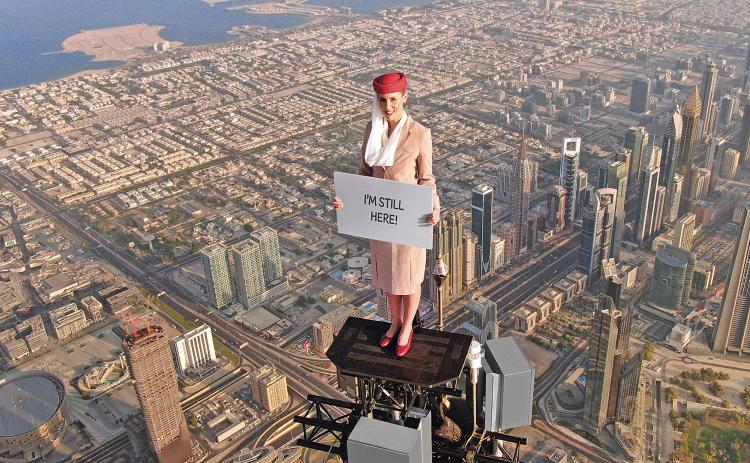 Nicole Smith-Ludvik is shown standing on a platform atop the Burj Khalifa – the world’s tallest building – in Dubai. The former White County resident has gained global attention for the stunt, which was part of an ad campaign for Emirates airlines. (Photos courtesy Emirates)
