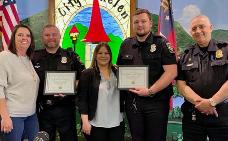 From left are Sergeant Aaron Autry and wife Becky, Officer Graylon Bryson and fiancé Tamera Jackson, and Interim Police Chief John Albino (Submitted Photo)