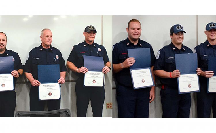 On the left, Tommy Steen, Steve Hopper, and AJ Staton were able to save a victim from a gun shot wound and were awarded for their efforts. the right, Shad Sosebee, Jackson Cantrell, and Austin Brown saved a patient from succumbing to an over dose and were honored at the White County Public Safety Offices.