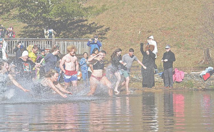 Hardy participants crash into the lake at last year’s Winter Bear Plunge, held annually by the Friends of Unicoi at Unicoi State Park. (file photo)