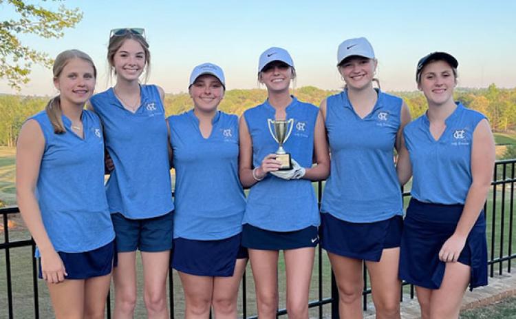 The White County High School girl's golf team finished third at Vahalla Cup last week at Chimney Oaks Golf Course in Homer. Members of the the team are, from left, Maddie Kate Hall, Layne Graham,  Cameron Kimsey, BilliKayl Allison. Aubrey Free and Emma Rogers. Not shown are Lauren Nelson and Ansley Brown. (Photo/Esta Johnson)