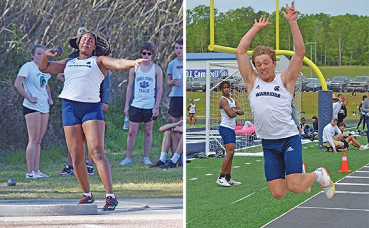 White County High School seniors Rusty Dye, left, and Sean Hughes claimed state track titles during last week’s Class AAA meet in Albany. Dye won the girl’s shot put title, while Hughes claimed the top spot in the boy’s long jump competition. Hughes and the Warriors finished sixth in the team standings, while Dye and the Lady Warriors were seventh in the girls’ field. (Photos/Mark Turner)