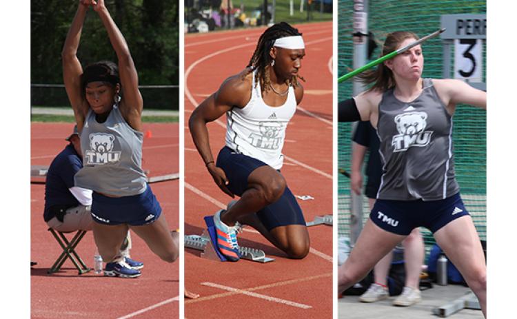 Myesha Hall, left,  was third in the women's long jump, Cameron Alamia, middle, was fifth in the men's 200-meter race, and Katilyn Babb was eighth in the women's javelin at the NAIA national championships. (Photo/TMU Athletics)