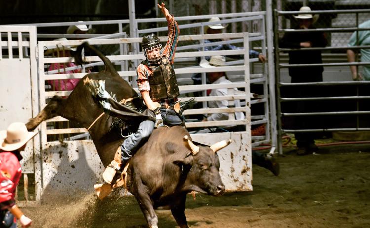 Nathan Calhoun competes in a bull riding competition during a recent high school rodeo.  (Photos/Submitted))