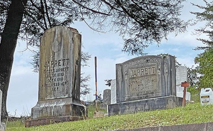 The headstones of Eugene Stanhope Jarrett and his mother Lucy after cleaning. These stones will continue to lighten over time. (Photo/Cindy Foster Grace)