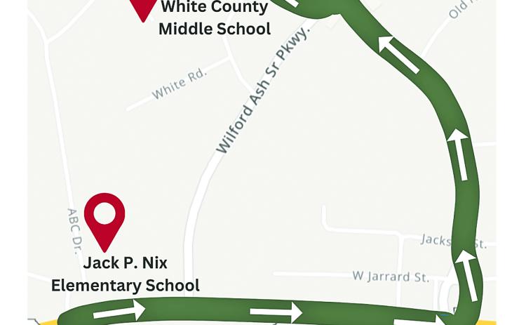 The parade route starts at Jack P. Nix Elementary and ends at White County Middle School.