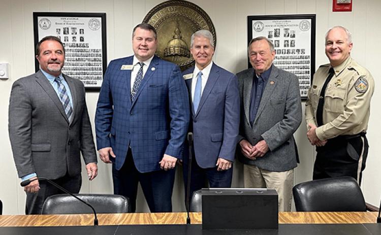 White County Commission Chairman Travis Turner, Rep. Will Wade, Rep. Stan Gunter, Commissioner Terry Goodger and Sheriff Rick Kelley meet at the State Capitol on Monday. (Photo/submitted)